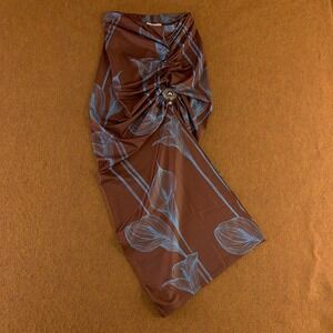Her Bottari Womens Size Small Brown Blue Lily Print Ruched Midi Skirt New